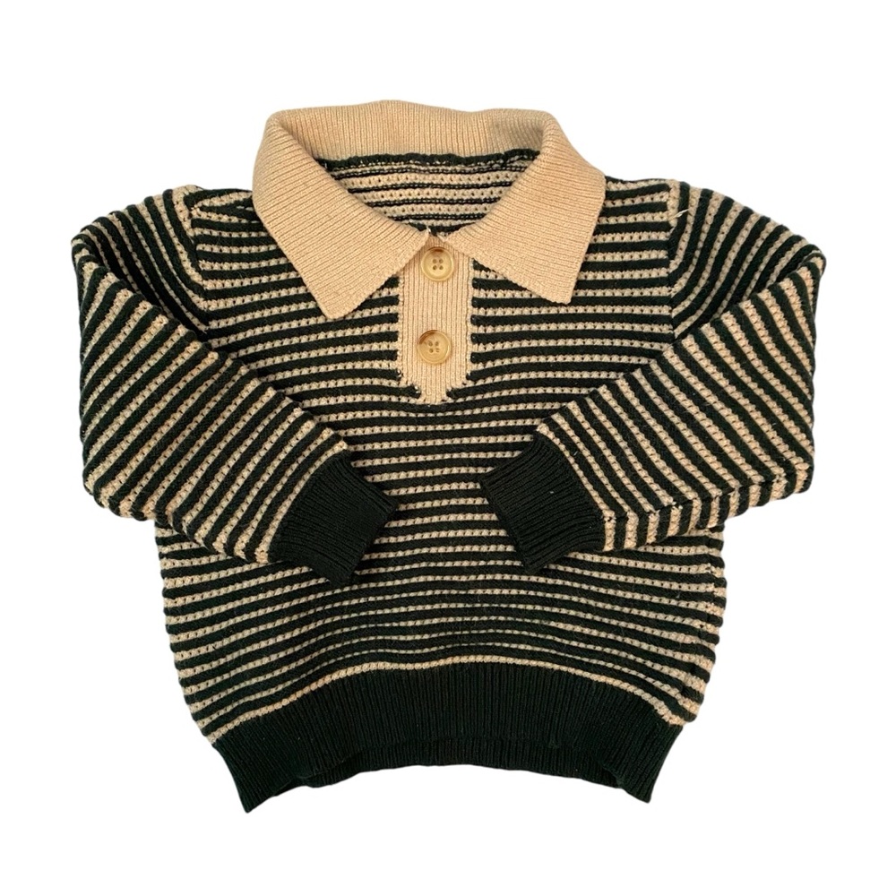Vintage 70s Inspired Knit Sweater Green Forest Tan Long Sleeve Shirt Stripe